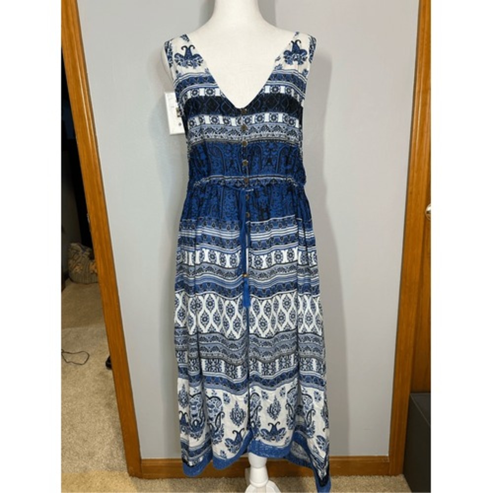 Raga Blue White boho Print Maxi Dress Button Front Tie Waist V Neck Sleeveless